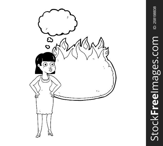 thought bubble cartoon woman in dress with hands on hips and flame banner