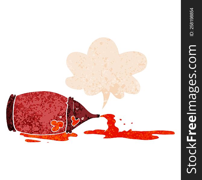 Cartoon Spilled Ketchup Bottle And Speech Bubble In Retro Textured Style