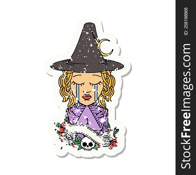 Crying Human Witch With Natural D20 Roll Grunge Sticker
