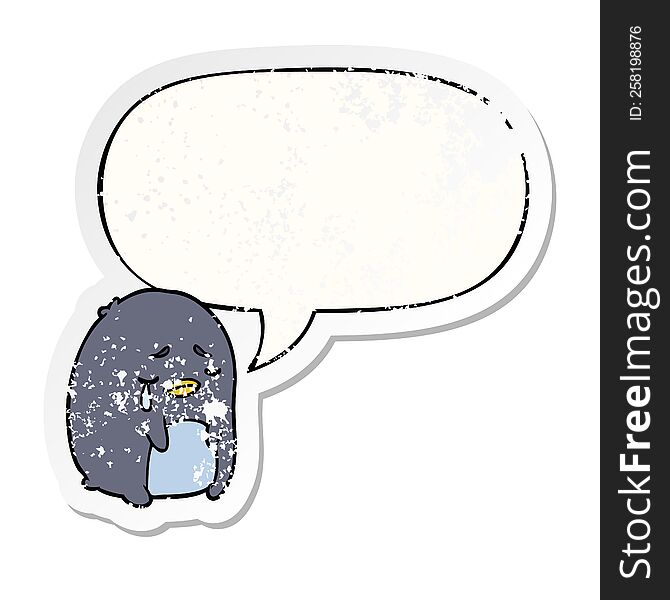 Cartoon Crying Penguin And Speech Bubble Distressed Sticker