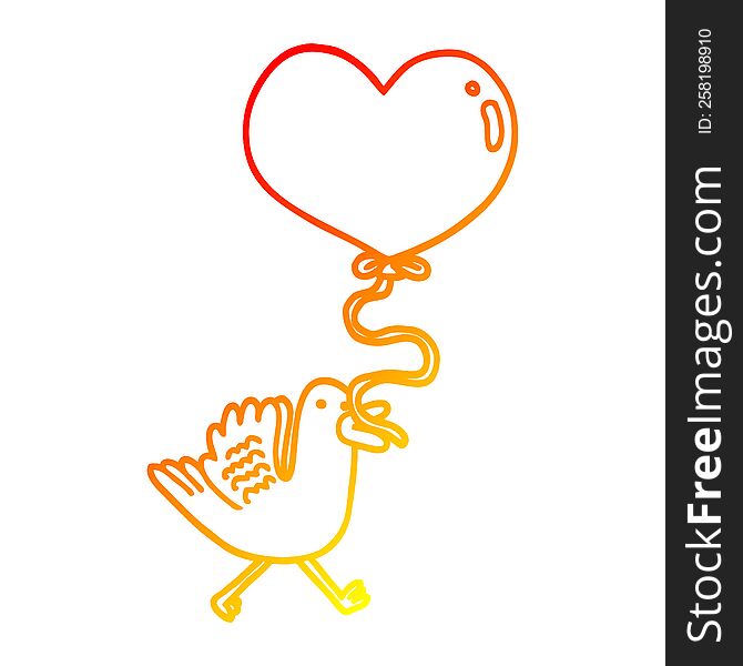 Warm Gradient Line Drawing Cartoon Bird With Heart Balloon