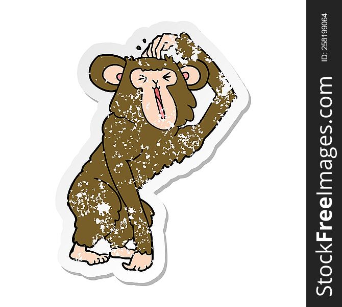 distressed sticker of a cartoon chimp scratching head