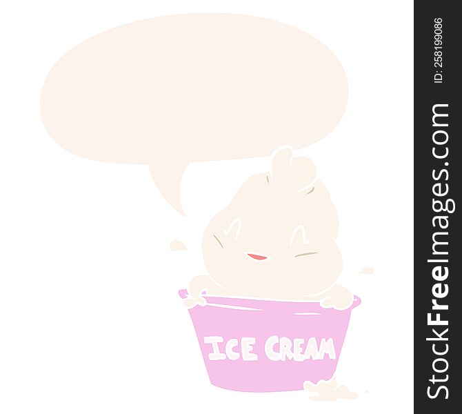 cute cartoon ice cream with speech bubble in retro style