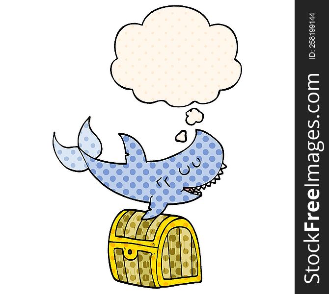 cartoon shark swimming over treasure chest with thought bubble in comic book style