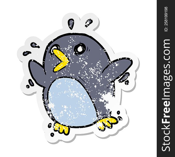 Distressed Sticker Of A Cartoon Frightened Penguin