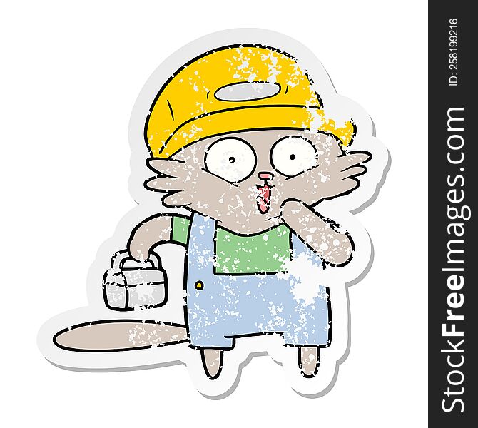 Distressed Sticker Of A Cartoon Cat Builder Stopping For Lunch