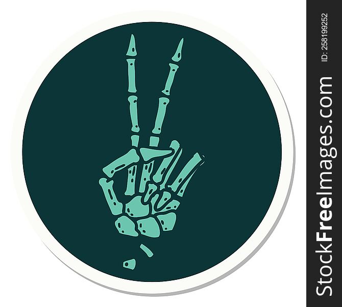 Tattoo Style Sticker Of A Skeleton Hand Giving A Peace Sign