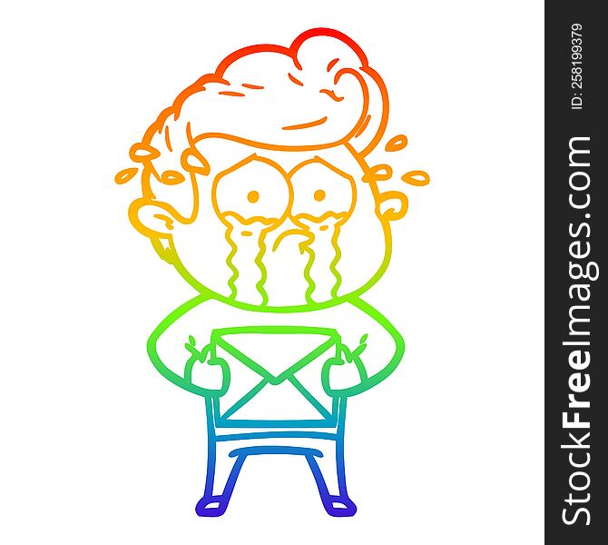 rainbow gradient line drawing of a cartoon crying man receiving letter
