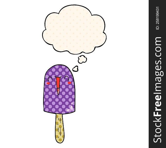 cartoon happy ice lolly with thought bubble in comic book style