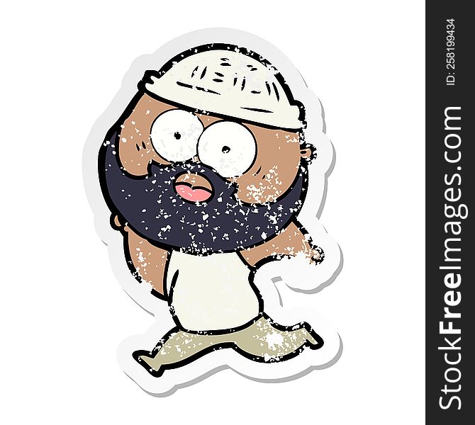 distressed sticker of a cartoon bearded man running
