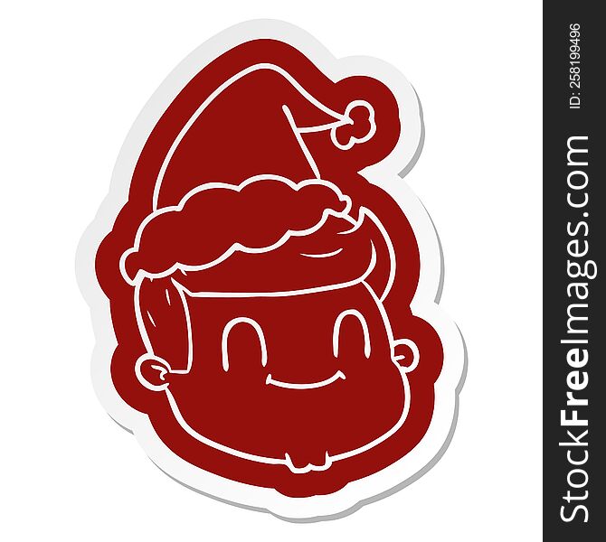 quirky cartoon  sticker of a male face wearing santa hat