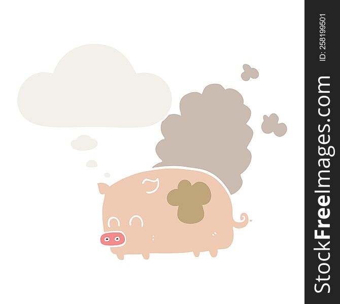 cartoon smelly pig with thought bubble in retro style