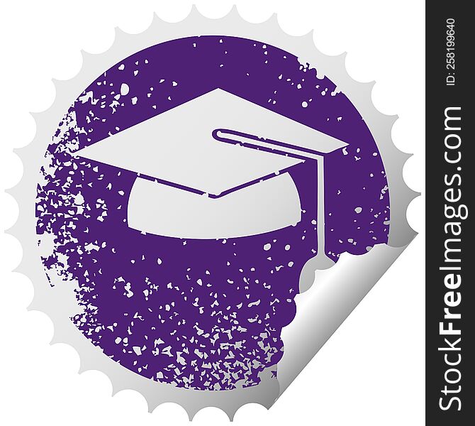 distressed circular peeling sticker symbol of a graduation cap