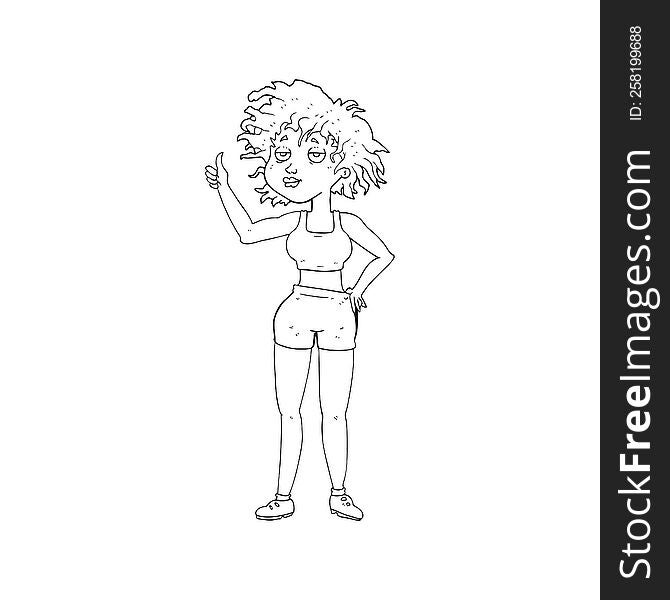 freehand drawn black and white cartoon tired gym woman