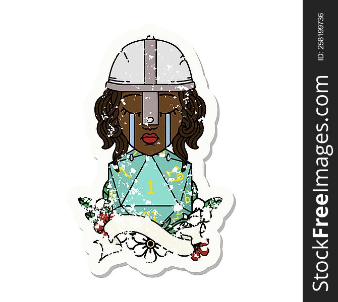 Crying Human Fighter With Natural One D20 Roll Illustration