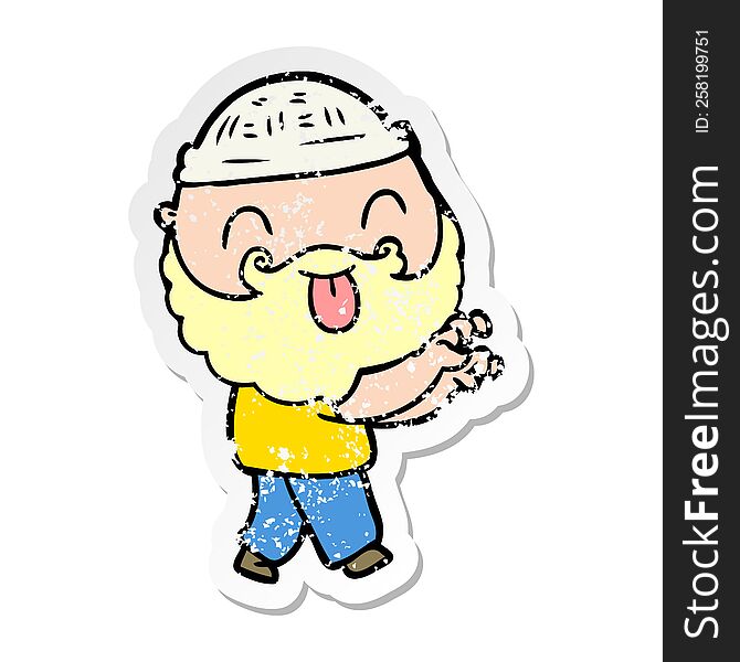 distressed sticker of a man with beard sticking out tongue