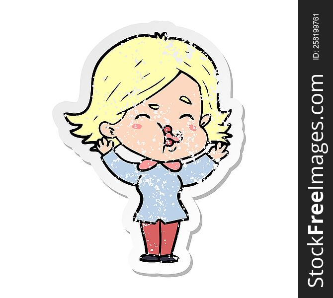 distressed sticker of a cartoon girl pulling face