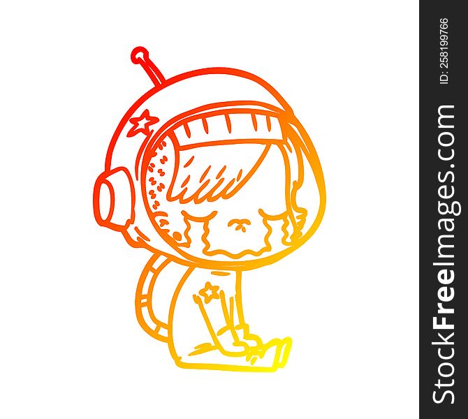 Warm Gradient Line Drawing Cartoon Crying Astronaut Girl Sitting
