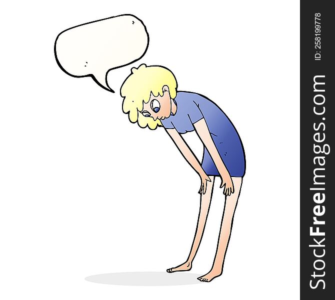 cartoon woman looking at her feet with speech bubble