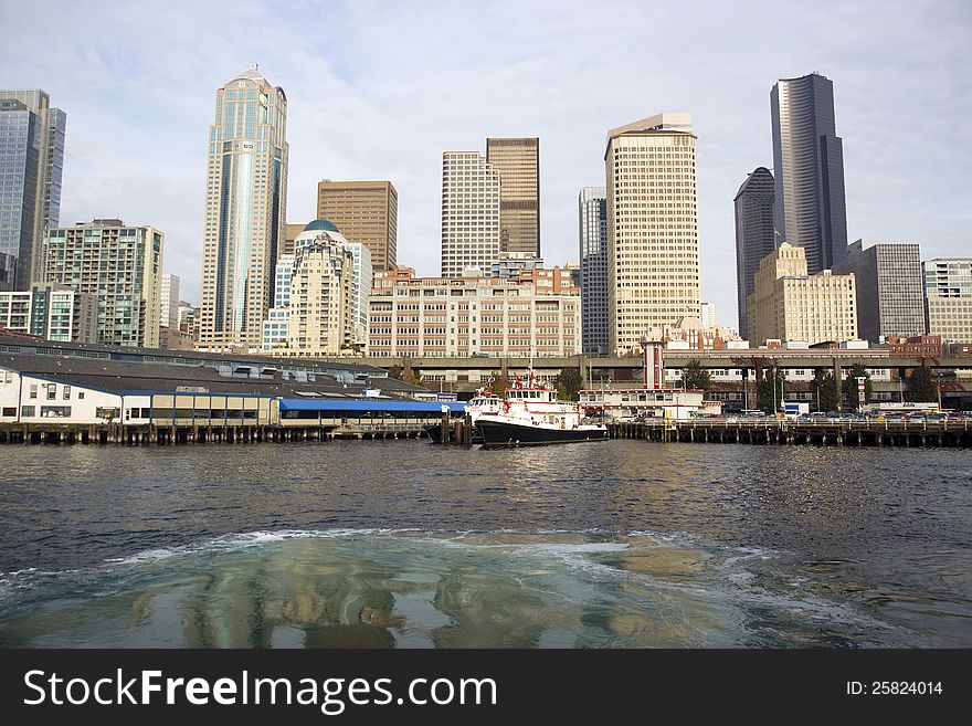 The Seattle Skyline from a ferry boat. The Seattle Skyline from a ferry boat
