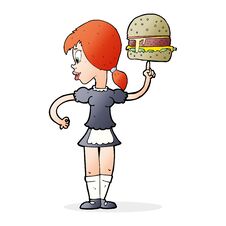 Cartoon Waitress Serving A Burger Royalty Free Stock Image