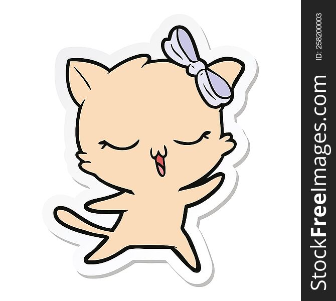 Sticker Of A Cartoon Dancing Cat With Bow On Head