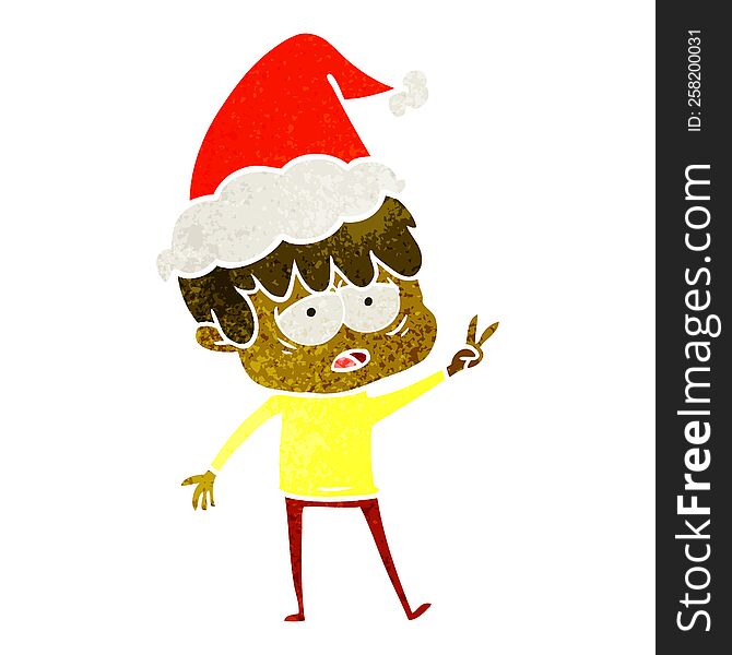Retro Cartoon Of A Exhausted Boy Wearing Santa Hat