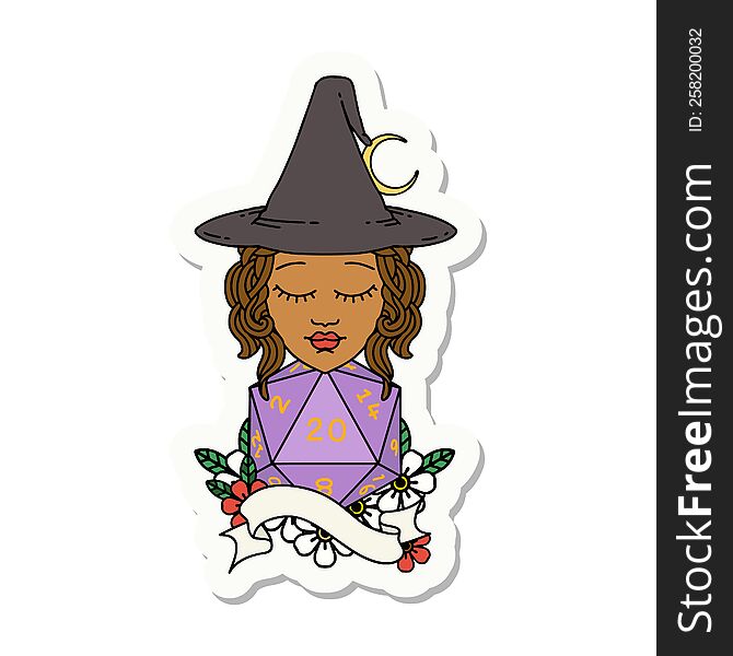 sticker of a human mage with natural twenty dice roll. sticker of a human mage with natural twenty dice roll
