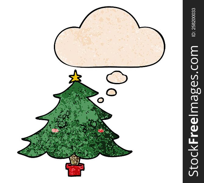 Cute Cartoon Christmas Tree And Thought Bubble In Grunge Texture Pattern Style