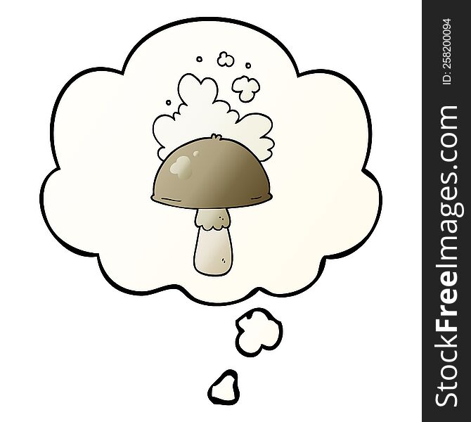 cartoon mushroom with spore cloud with thought bubble in smooth gradient style