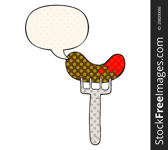 cartoon sausage on fork with speech bubble in comic book style