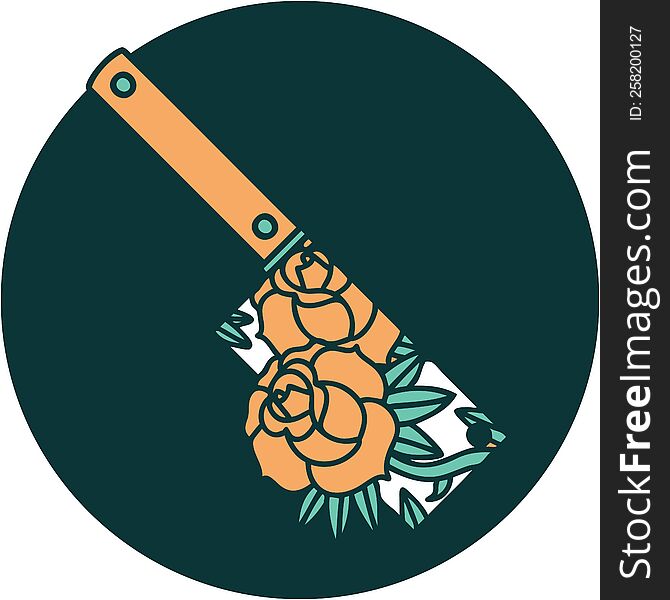 iconic tattoo style image of a cleaver and flowers. iconic tattoo style image of a cleaver and flowers
