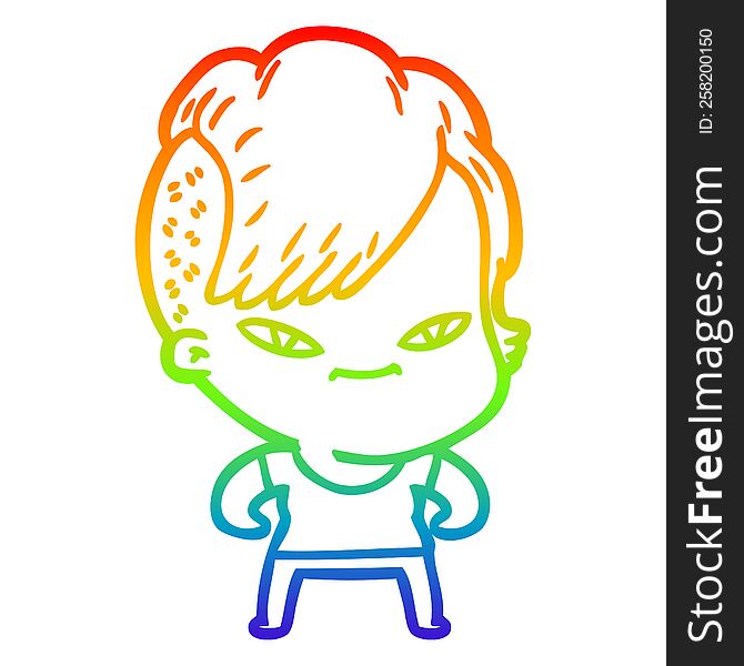 Rainbow Gradient Line Drawing Cute Cartoon Girl With Hipster Haircut