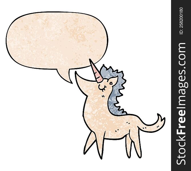 cartoon unicorn with speech bubble in retro texture style