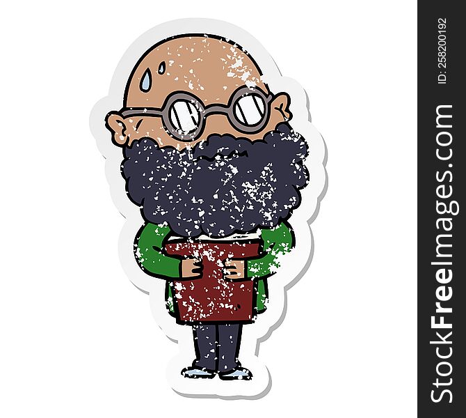 distressed sticker of a cartoon worried man with beard and spectacles