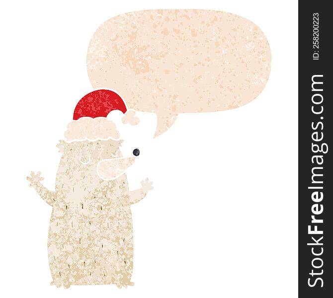 Cute Cartoon Christmas Bear And Speech Bubble In Retro Textured Style