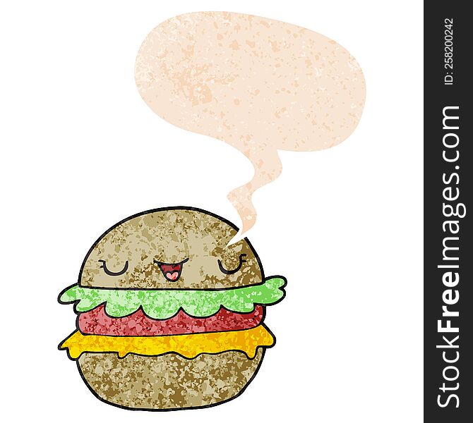 Cartoon Burger And Speech Bubble In Retro Textured Style