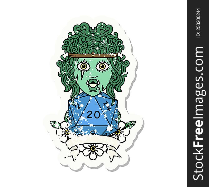 grunge sticker of a half orc barbarian character with natural 20 dice roll. grunge sticker of a half orc barbarian character with natural 20 dice roll
