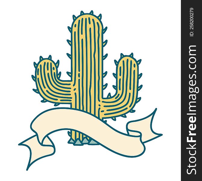 Tattoo With Banner Of A Cactus