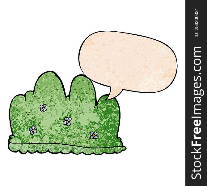 cartoon hedge with speech bubble in retro texture style
