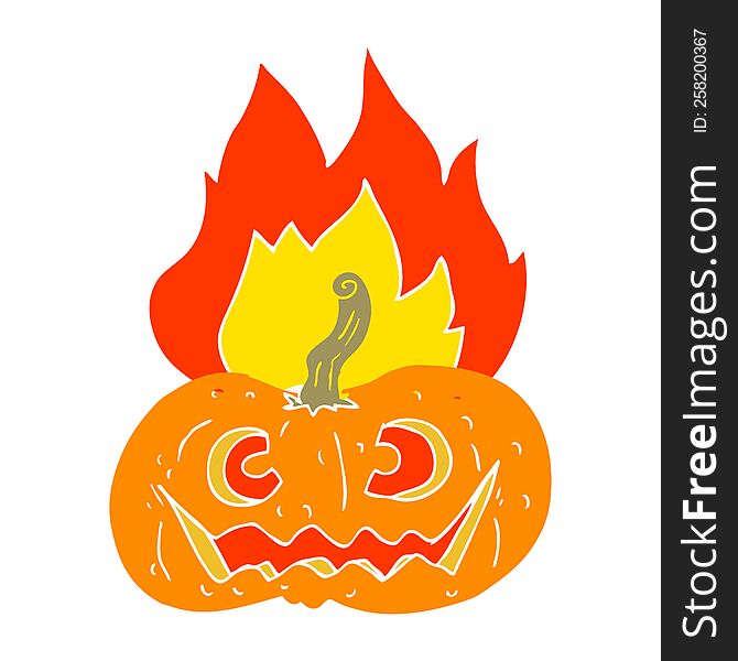 Flat Color Illustration Of A Cartoon Flaming Halloween Pumpkin