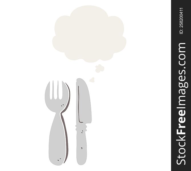cartoon knife and fork with thought bubble in retro style