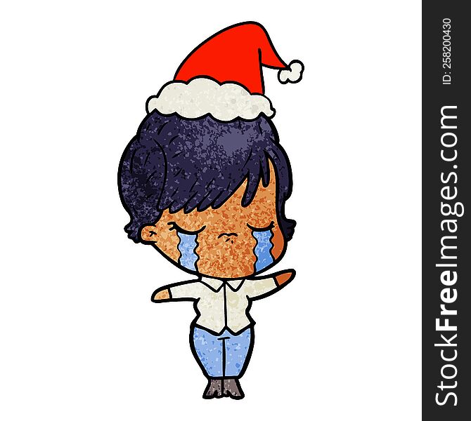 Textured Cartoon Of A Woman Crying Wearing Santa Hat