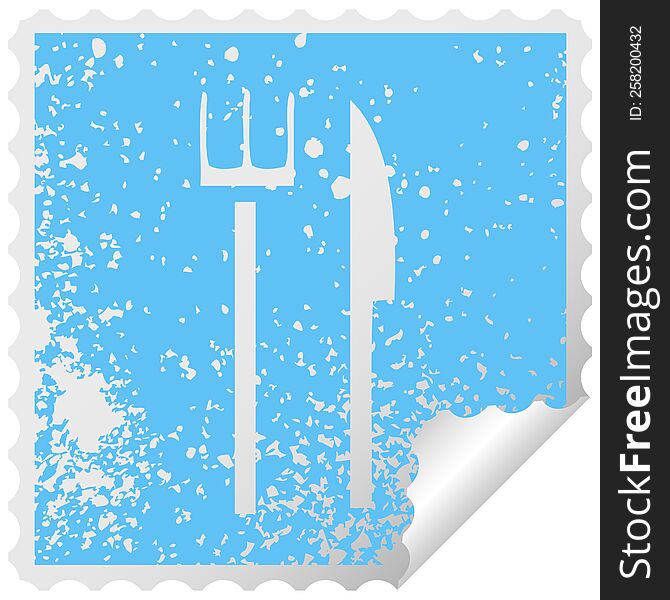 distressed square peeling sticker symbol knife and fork