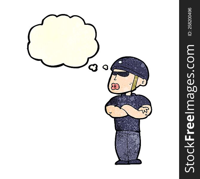 cartoon security guard with thought bubble