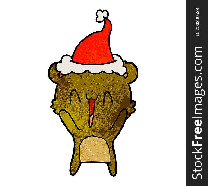 happy bear hand drawn textured cartoon of a wearing santa hat. happy bear hand drawn textured cartoon of a wearing santa hat