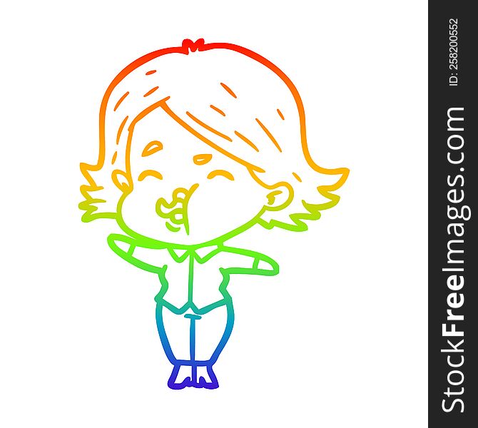 Rainbow Gradient Line Drawing Cartoon Girl Pulling Face