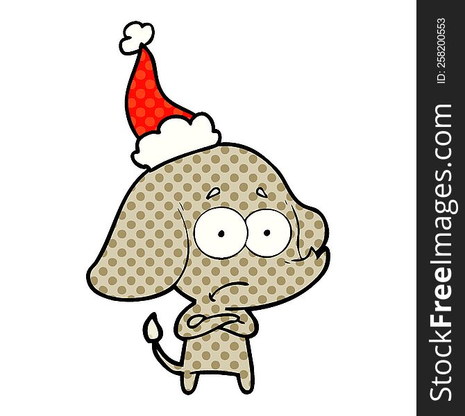 hand drawn comic book style illustration of a unsure elephant wearing santa hat