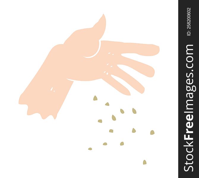 flat color illustration of hand spreading seeds. flat color illustration of hand spreading seeds