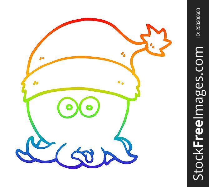 rainbow gradient line drawing of a cartoon octopus wearing christmas hat